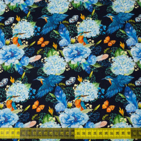 MINI KINGFISHERS AND LILACS (KINGFISHERS IN THE MEADOW) / navy - single jersey 