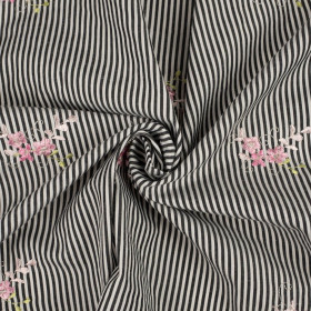  FLOWERS / black stripes - Embroidered cotton fabric