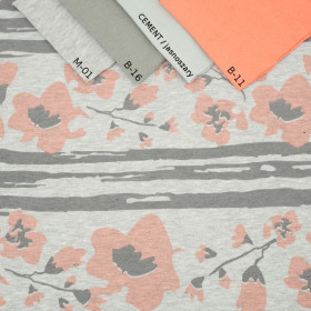 PAINTED FLOWERS PEACH / M-01 melange light grey - single jersey TE210