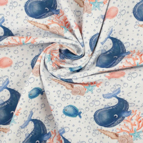WHALES / bubbles (MAGICAL OCEAN) / white - looped knit fabric