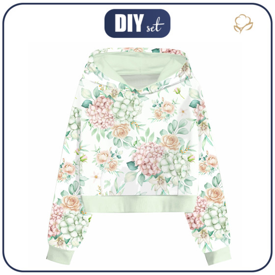 Cropped hoodie (IDA) - Hydrangeas / white - sewing set