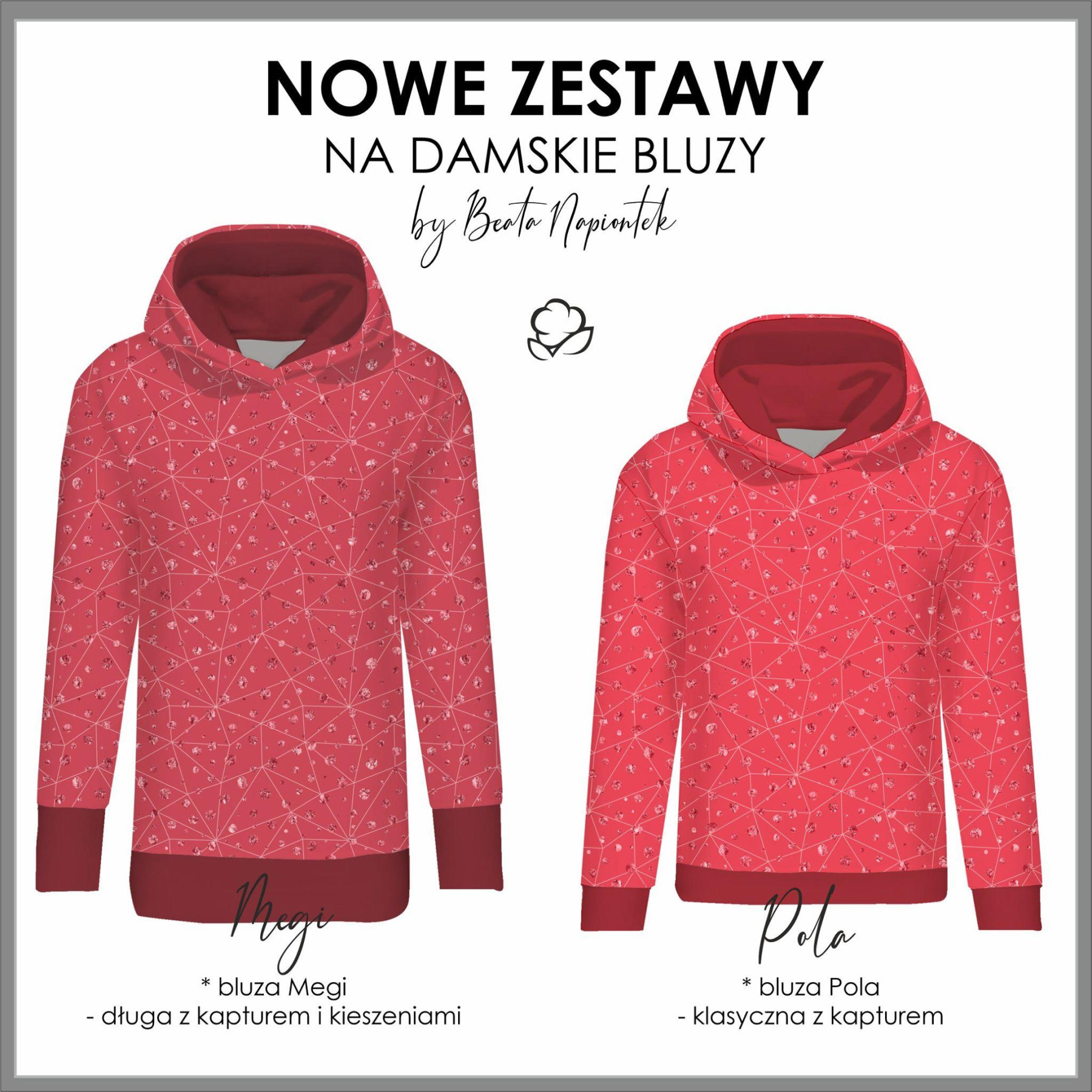 BLUZA DAMSKA (MEGI) - DŁUGA Z KAPTUREM - ROSA wz. 1 -  dzianina pętelkowa