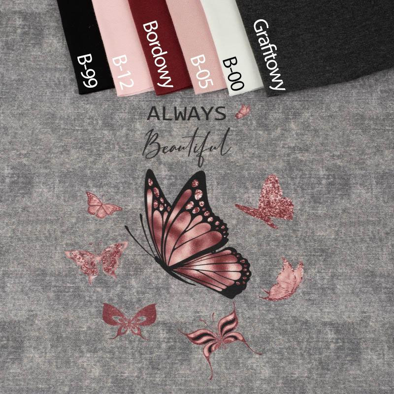 ALWAYS BEAUTIFUL (BROKATOWE MOTYLE) / ACID WASH SZARY - panel panoramiczny dzianina pętelkowa (60cm x 155cm)