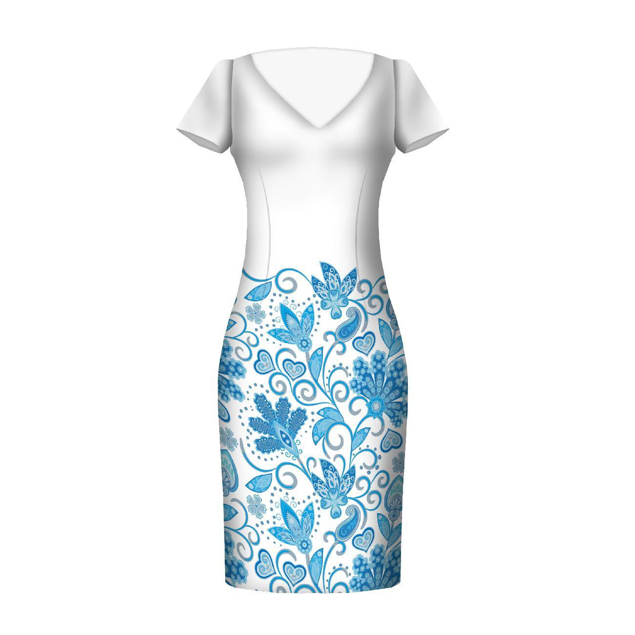 KWIATY (wzór 2 błękitny) / biały - panel sukienkowy Satyna