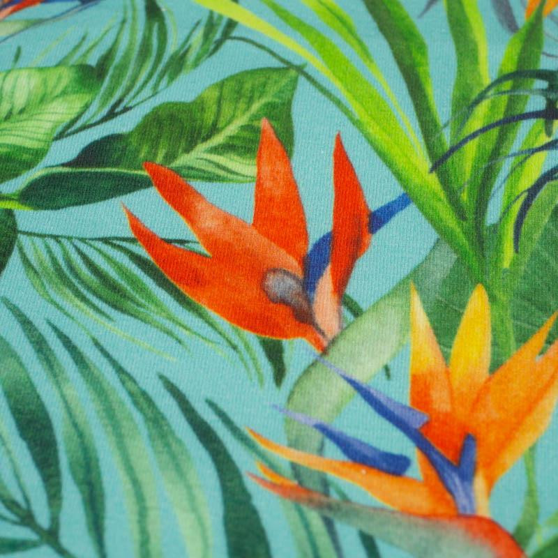 RAJSKA DŻUNGLA / błękitny - single jersey z elastanem 