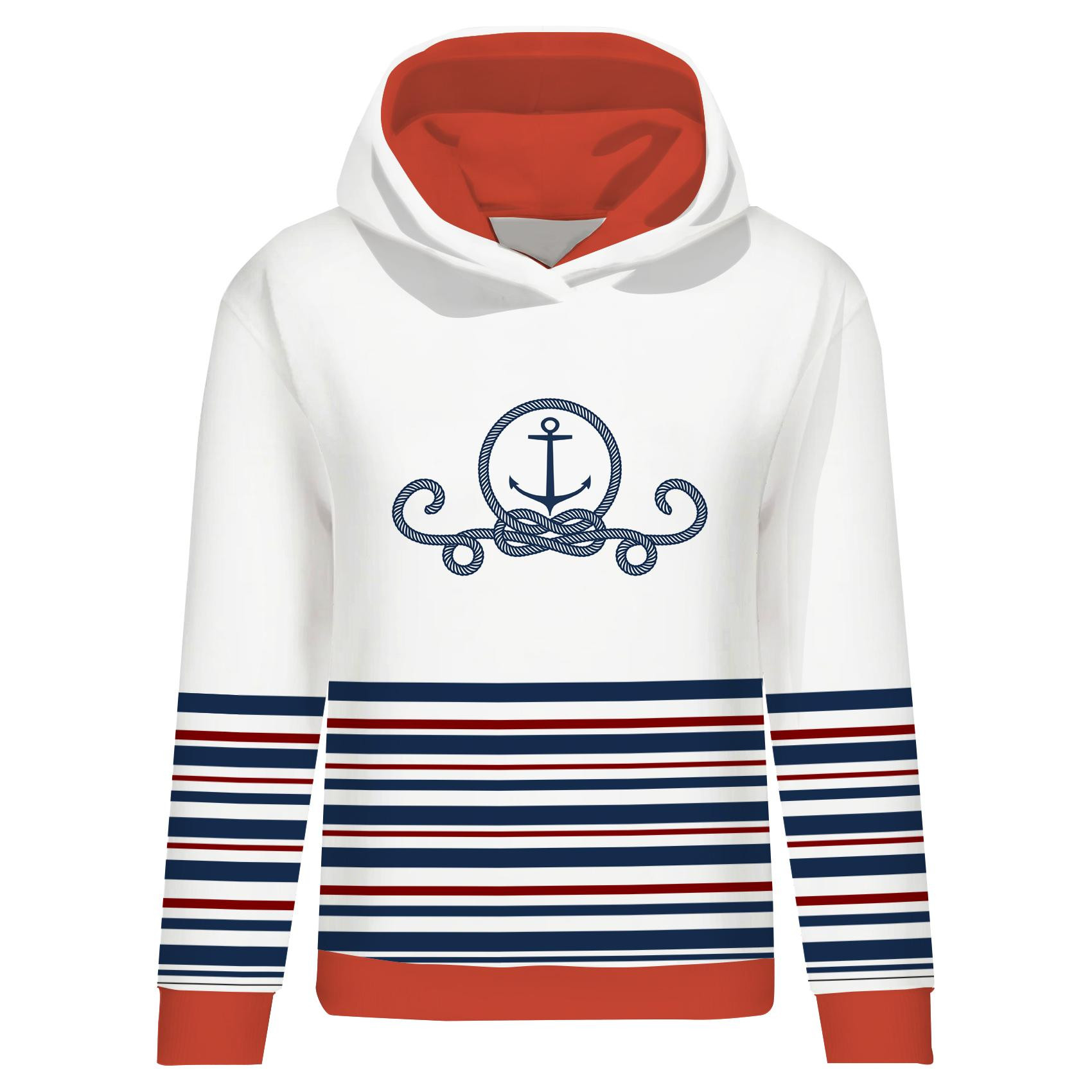 BLUZA DAMSKA (POLA) CLASSIC Z KAPTUREM - KOTWICA / paski (marine) - dzianina pętelkowa 