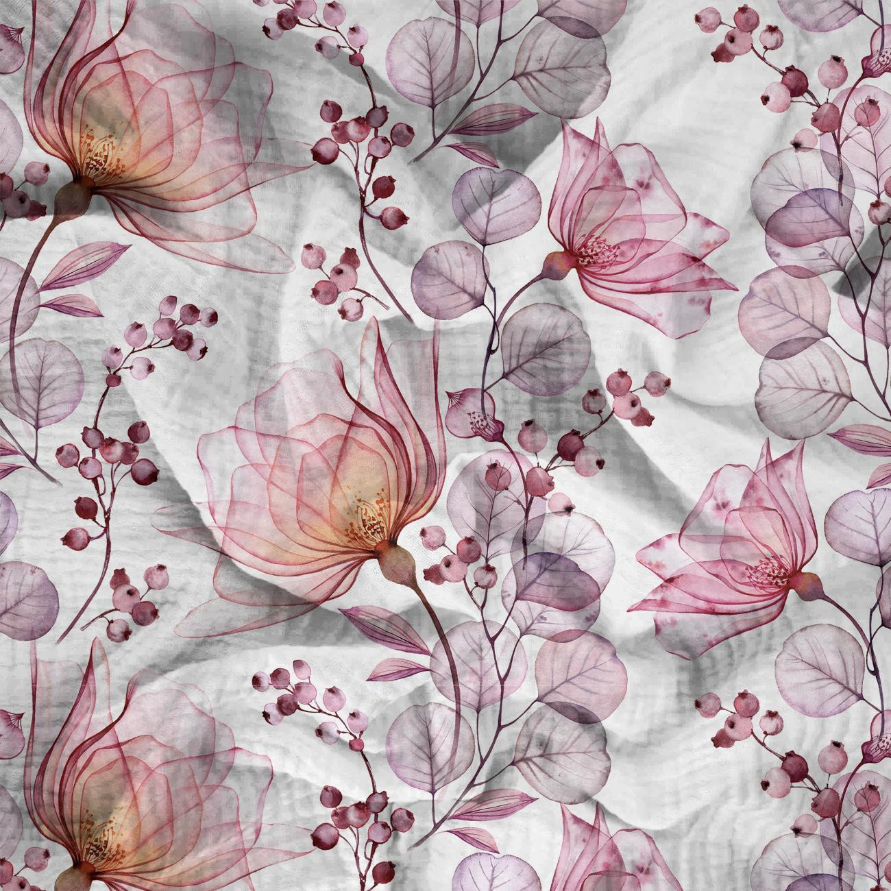 KWIATY wz. 4 (różowy) - Muślin bawełniany