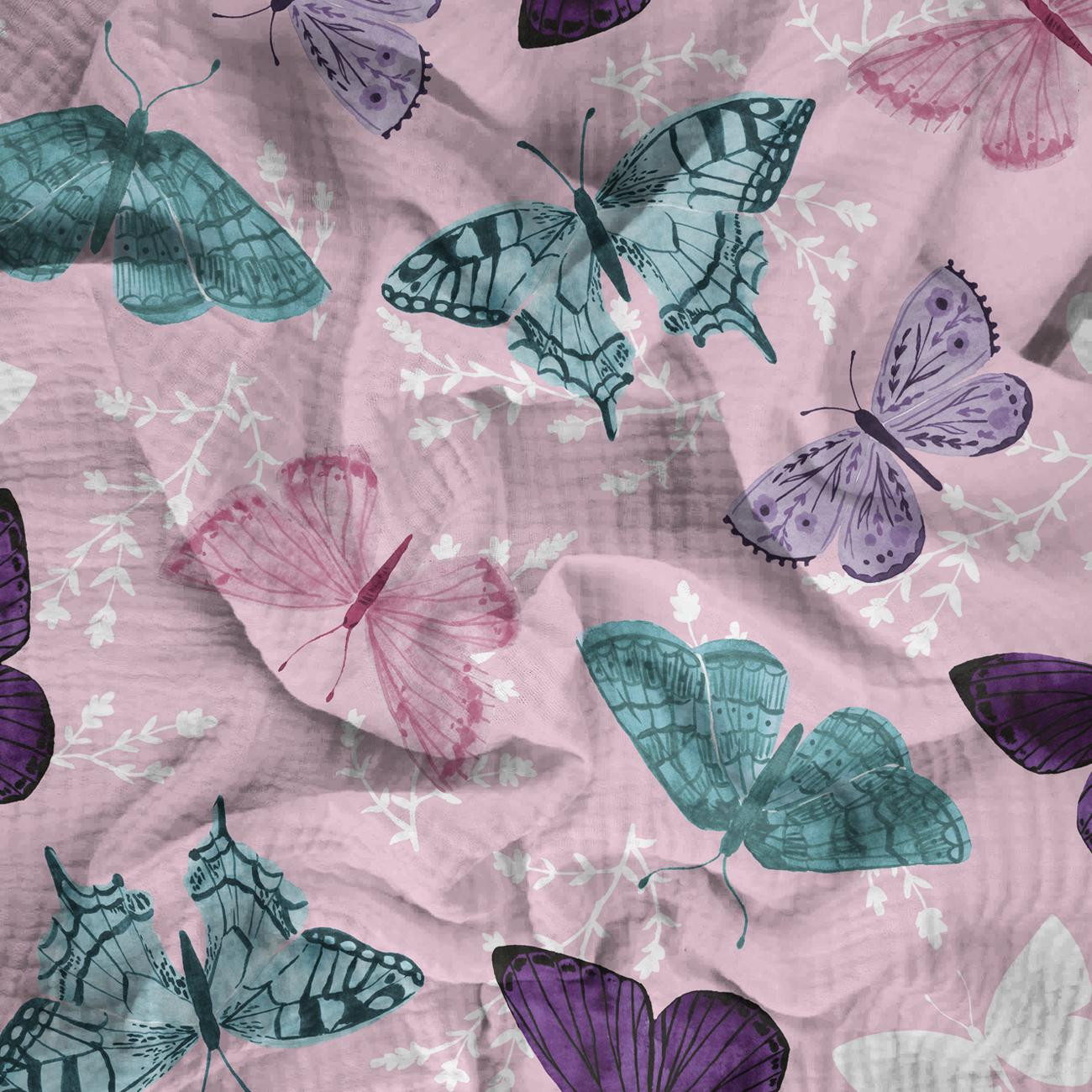 MOTYLE wz. 5 / różowy (PURPUROWE MOTYLE) - Muślin bawełniany