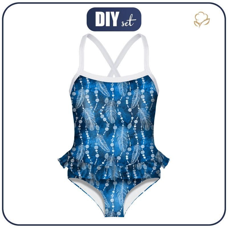 Strój kąpielowy dla dziewczynki - BIAŁE PIÓRKA I KORALIKI (CLASSIC BLUE)