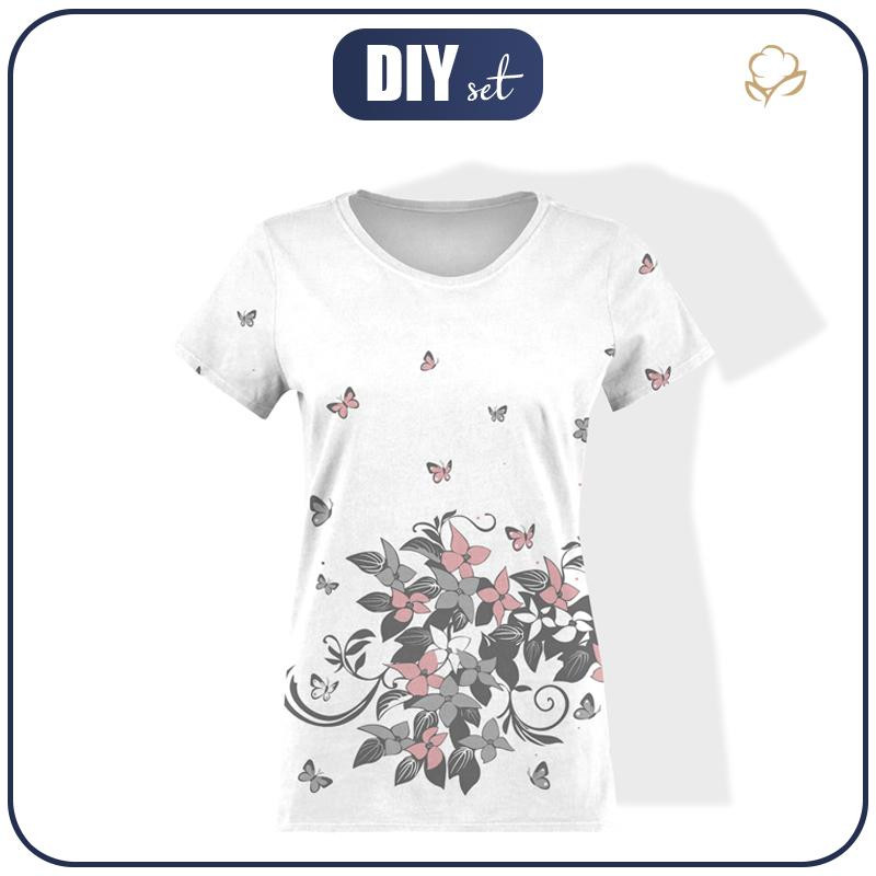 T-SHIRT DAMSKI - FLORAL / szaro-różowy - single jersey