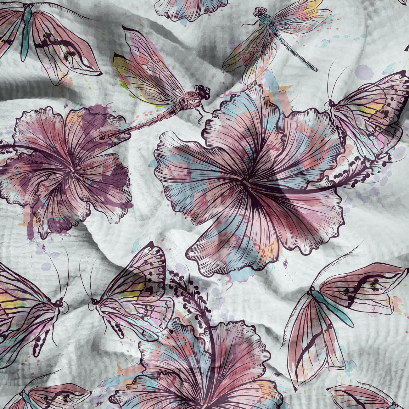 HIBISKUS I MOTYLE - Muślin bawełniany
