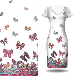 MOTYLE (wzór 1 różowy) / biały - panel sukienkowy Satyna