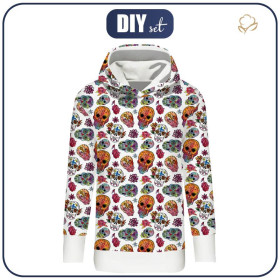 BLUZA DAMSKA (MEGI) - DŁUGA Z KAPTUREM - CZACHY wz. 3 / biały (DIA DE LOS MUERTOS) - dzianina pętelkowa