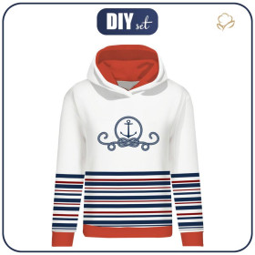 BLUZA DAMSKA (POLA) CLASSIC Z KAPTUREM - KOTWICA / paski (marine) - dzianina pętelkowa 