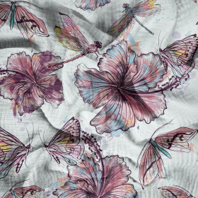 HIBISKUS I MOTYLE - Muślin bawełniany