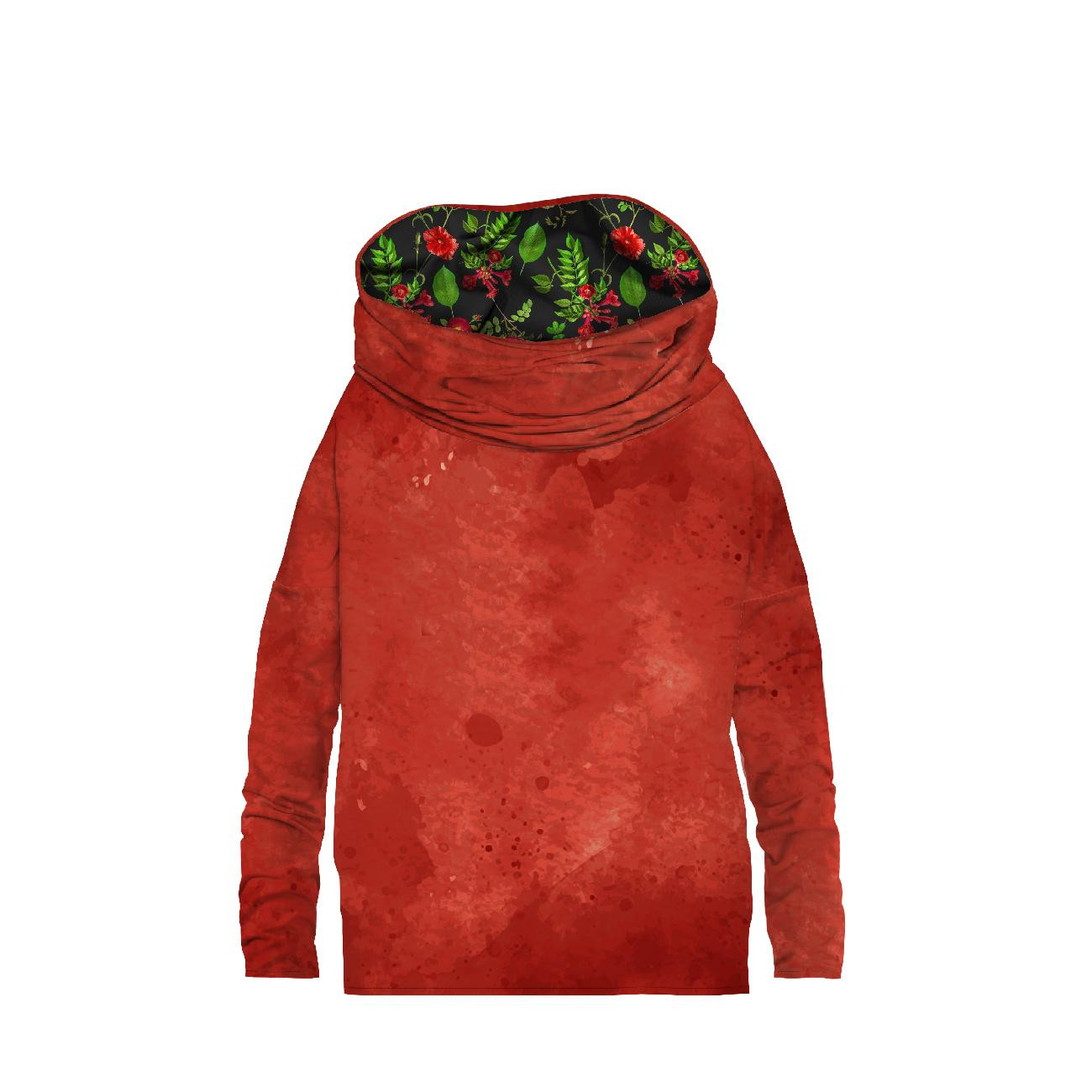 Sweatshirt mit Schalkragen und Fledermausärmel (FURIA) - RED SPECKS / ROTER GARTEN (PARADIESGARTEN) - Nähset