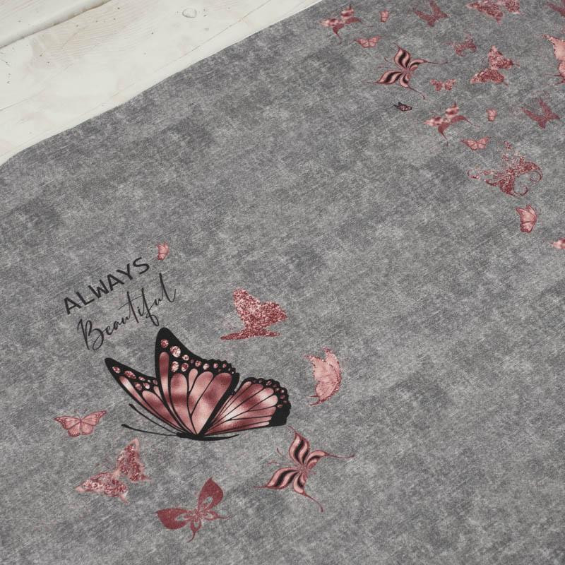 ALWAYS BEAUTIFUL (GLITTER SCHMETTERLINGE) / ACID WASH GRAU - panoramisches Paneel  Sommersweat (60cm x 155cm)