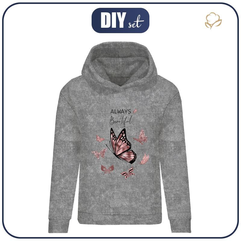 CLASSIC DAMEN HOODIE (POLA) - ALWAYS BEAUTIFUL (GLITTER SCHMETTERLINGE) / ACID WASH GRAU  - Sommersweat
