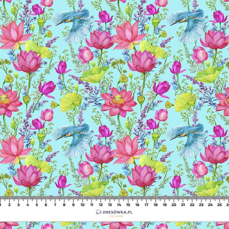 MINI EISVÖGEL UND MOHNBLUMEN (EISVÖGEL AUF DER WIESE) / aqua - Wasserabweisende Webware