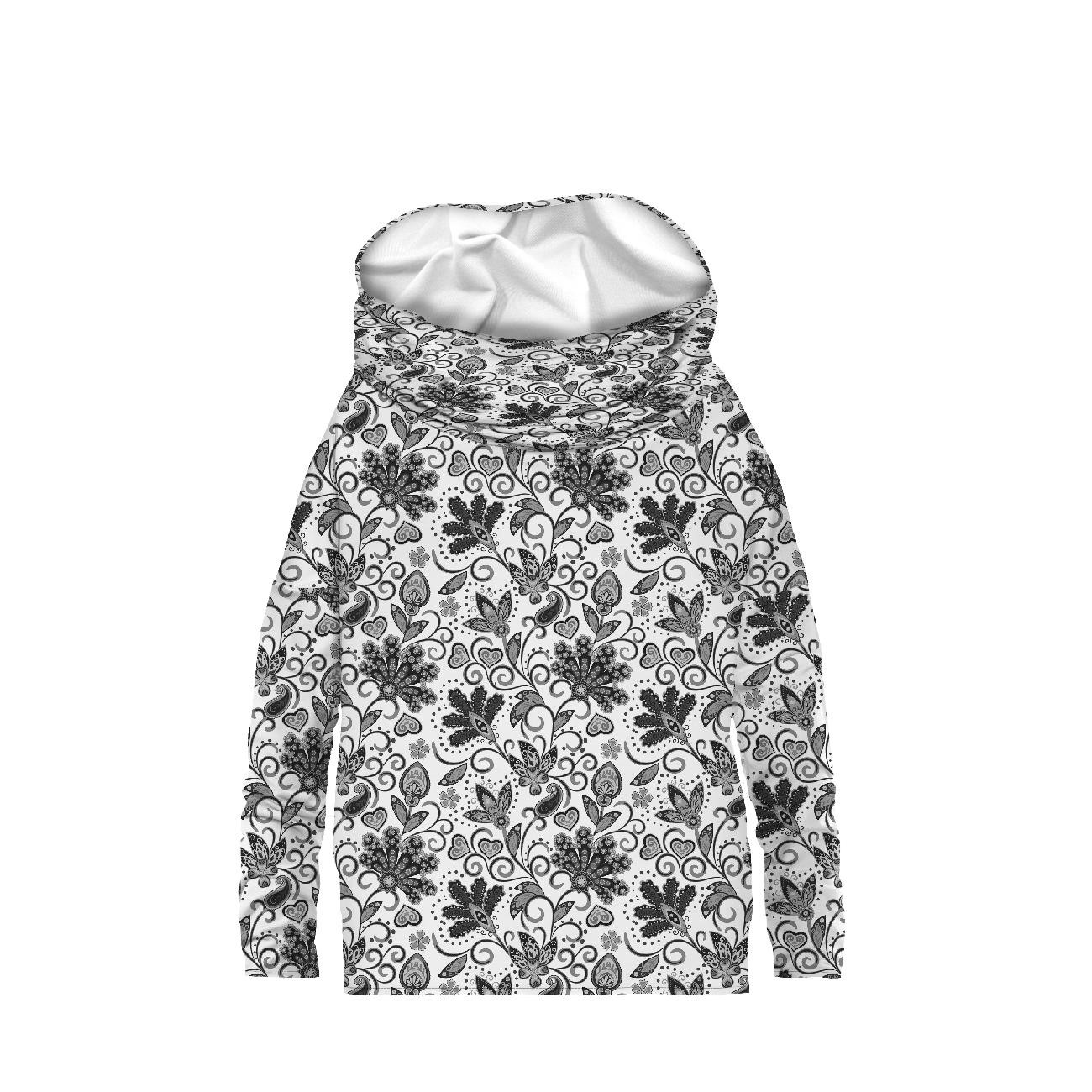 Sweatshirt mit Schalkragen und Fledermausärmel (FURIA) - BLUMEN (Motiv 2 grau) / weiß - Sommersweat