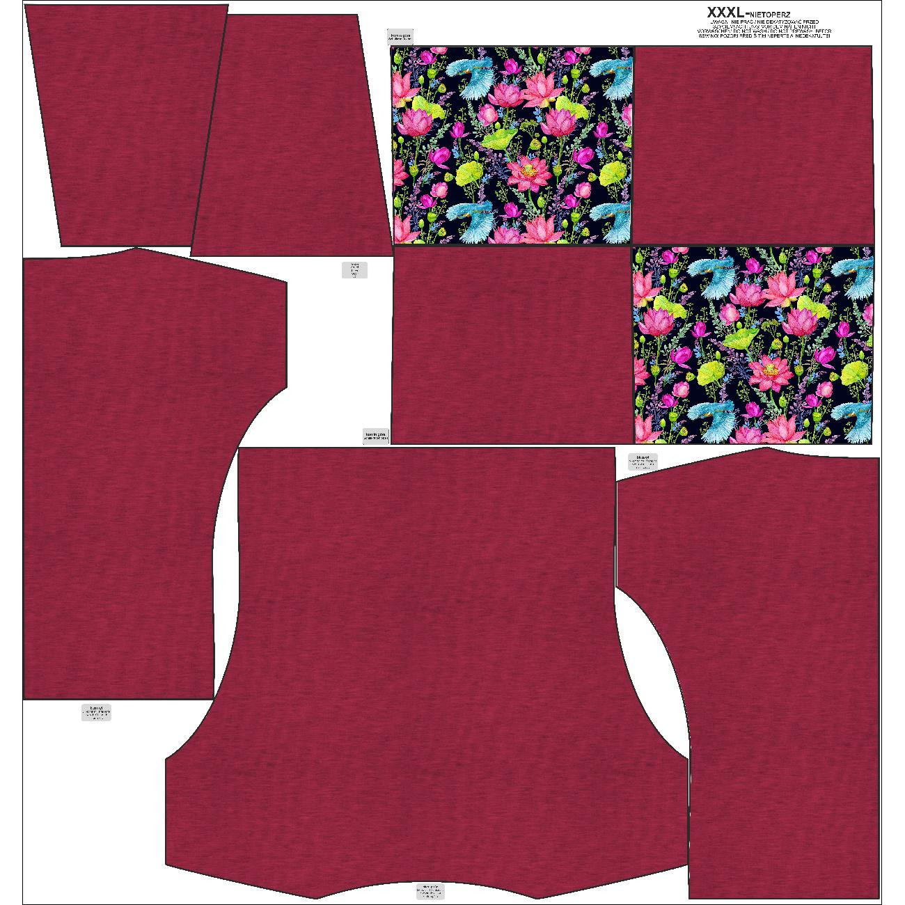 Sweatshirt mit Schalkragen und Fledermausärmel (FURIA) - MELANGE VIVA MAGENTA / EISVÖGEL UND MOHNBLUMEN - Nähset