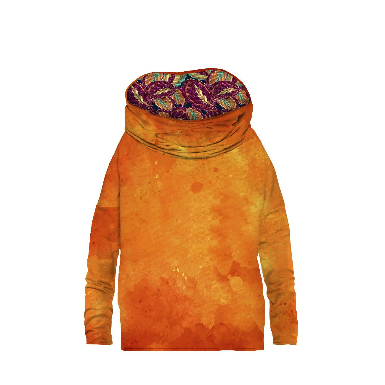Sweatshirt mit Schalkragen und Fledermausärmel (FURIA) - ORANGE SPECKS / purpur blätter - Nähset