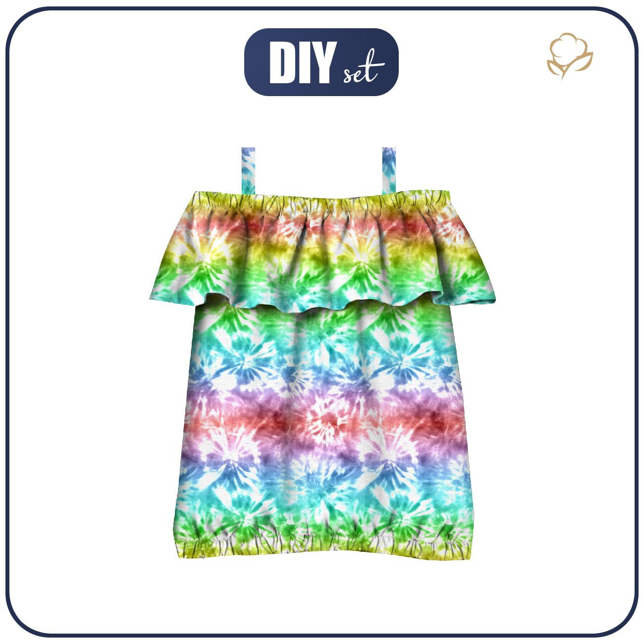 Carmenausschnitt Bluse (SARA) - BATIK  Ms. 1 / regenbogenfarbig - Nähset 