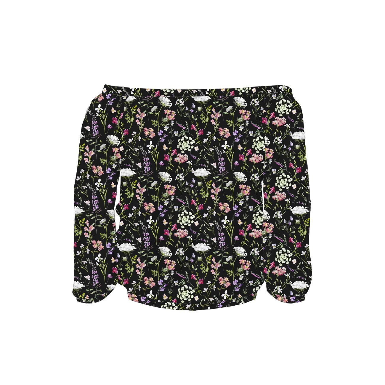 Carmenausschnitt Bluse (SOFIA) - PASTELL BLUMEN / schwarz - Nähset 
