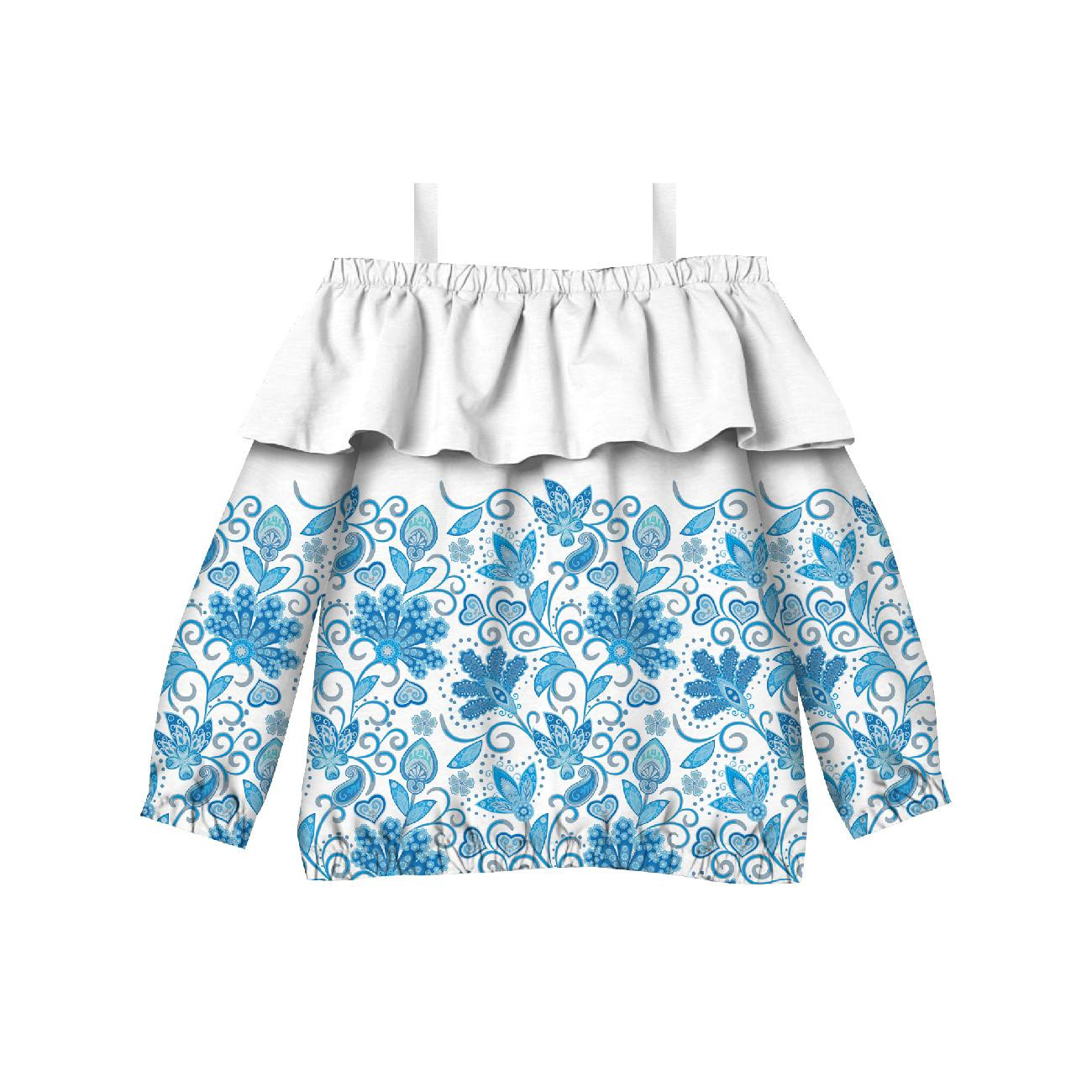 Carmenausschnitt Bluse (VIKI) - BLUMEN (Motiv 2 hellblau) / weiß - Nähset 