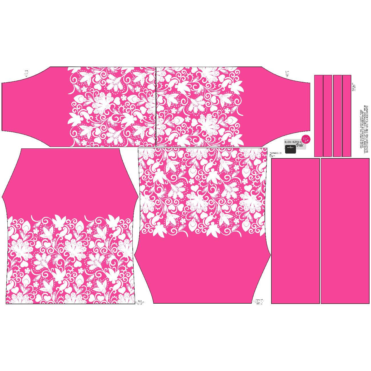 Carmenausschnitt Bluse (VIKI) - BLUMEN (Motiv 2 weiß) / fuchsia - Nähset 