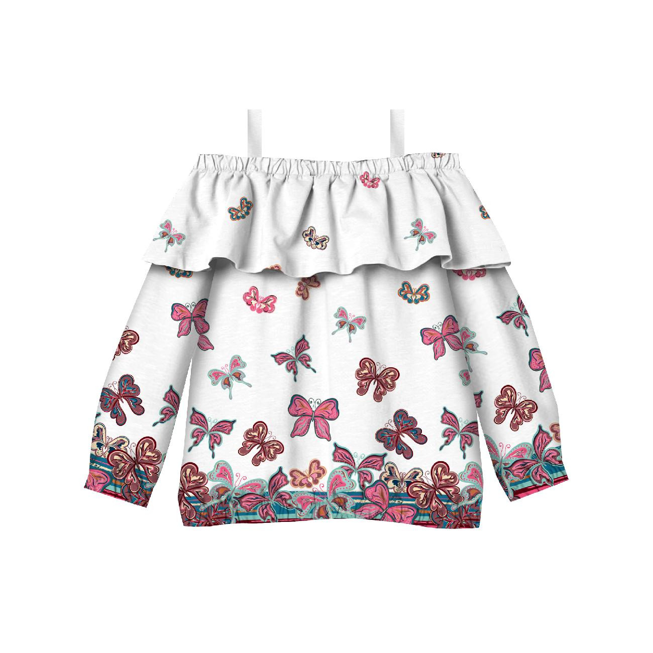 Carmenausschnitt Bluse (VIKI) - SCHMETTERLINGE (M 1 rosa) / weiß - Nähset 