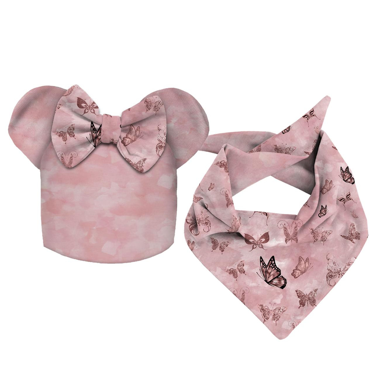 KINDER MÜTZE UND SCHAL (MOUSE) - SCHMETTERLINGE (GLITTER SCHMETTERLINGE) / CAMOUFLAGE m. 2 (rosenquarz) - Nähset