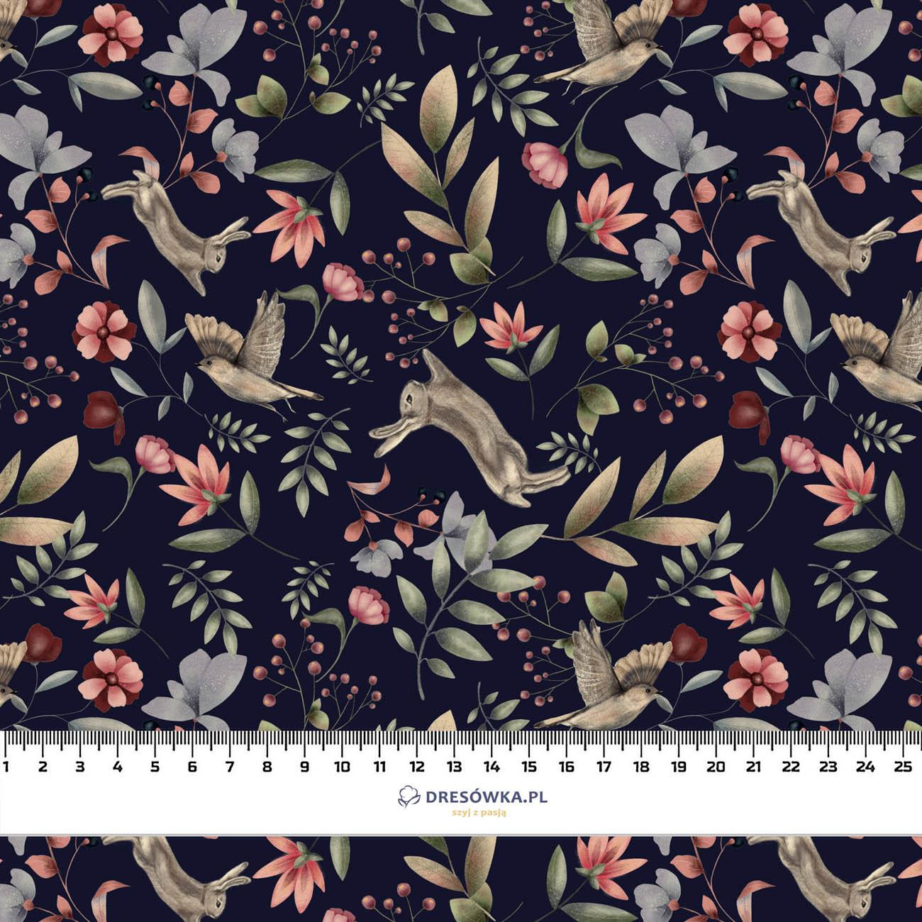 HARES AND BIRDS (INTO THE WOODS) DARK BLUE- Single Jersey mit Elastan ITY