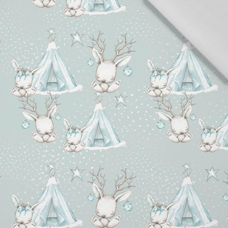 TIERE IN TIPI / hellblau (MAGISCHER WEIHNACHTSWALD) - Baumwoll Webware
