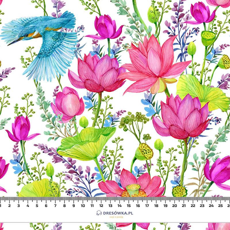 EISVÖGEL UND MOHNBLUMEN (EISVÖGEL AUF DER WIESE) / weiß - Viskose Webware