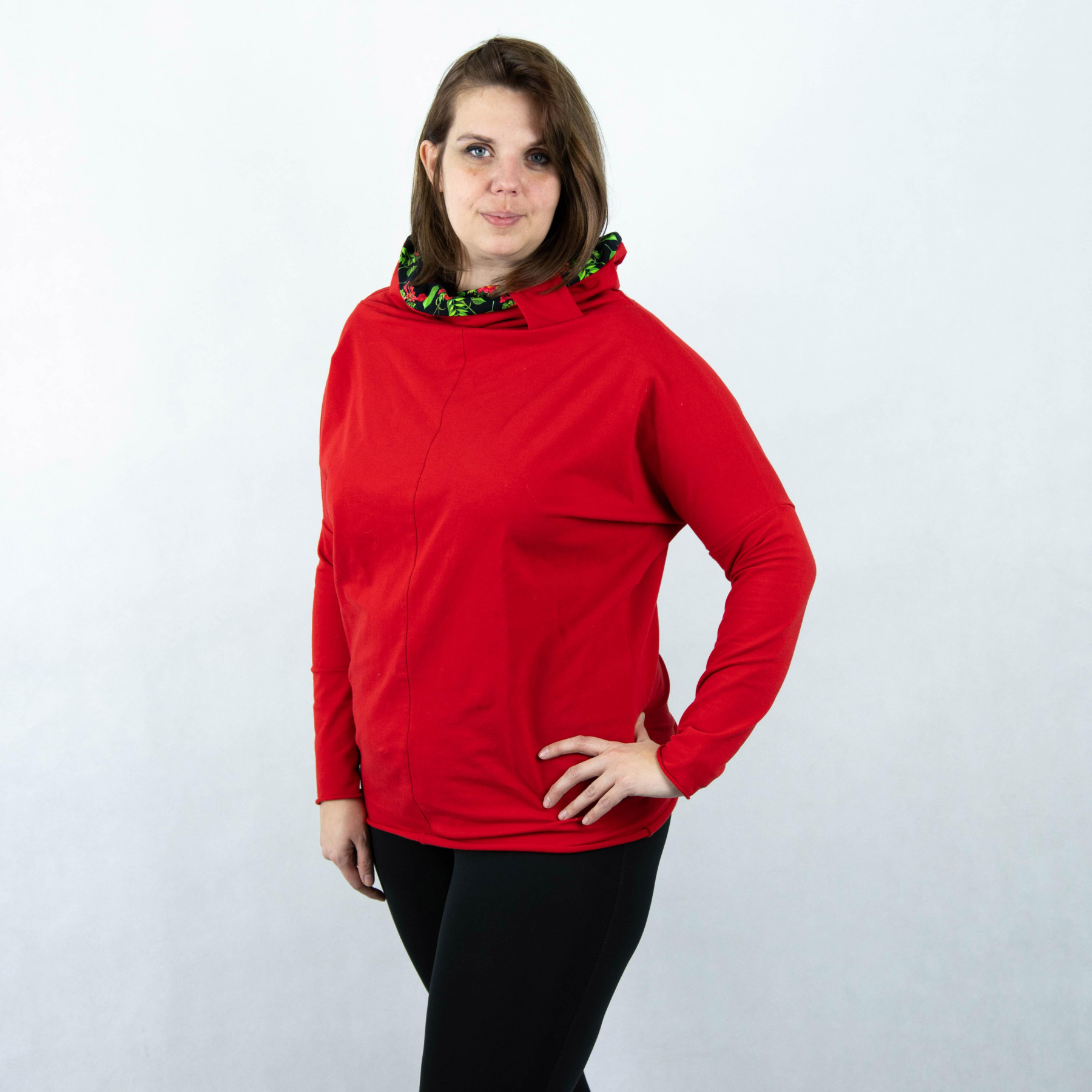 Sweatshirt mit Schalkragen und Fledermausärmel (FURIA) - ORANGE SPECKS / purpur blätter - Nähset