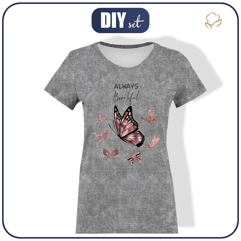 DAMEN T-SHIRT - ALWAYS BEAUTIFUL (GLITTER SCHMETTERLINGE) / ACID WASH GRAU - Single Jersey 