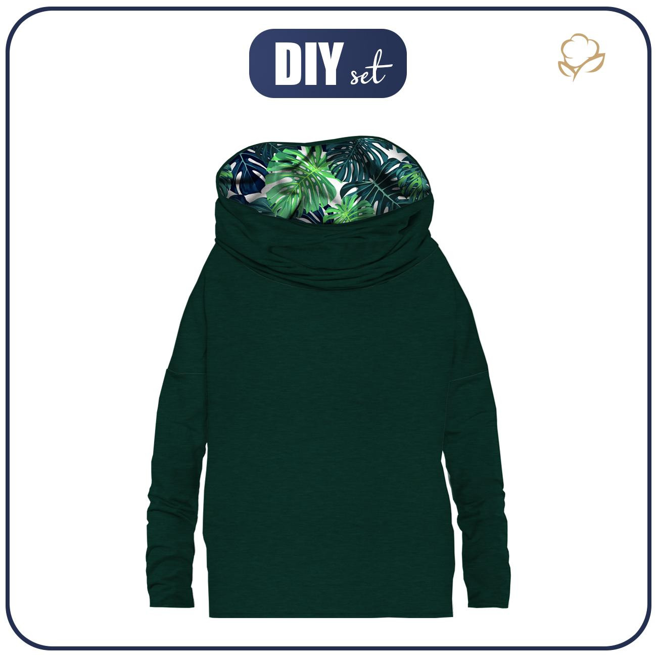 Sweatshirt mit Schalkragen und Fledermausärmel (FURIA) - MELANGE FLASCHENGRÜN / MONSTERA 2.0 - Nähset