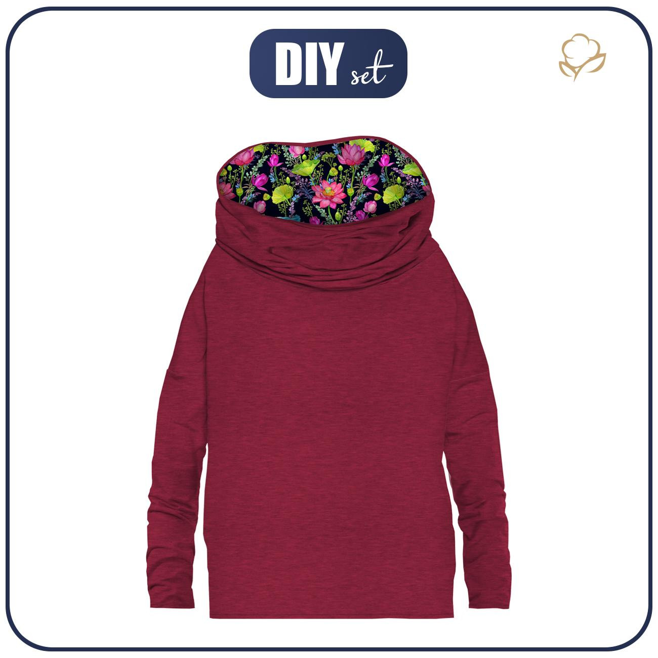 Sweatshirt mit Schalkragen und Fledermausärmel (FURIA) - MELANGE VIVA MAGENTA / EISVÖGEL UND MOHNBLUMEN - Nähset