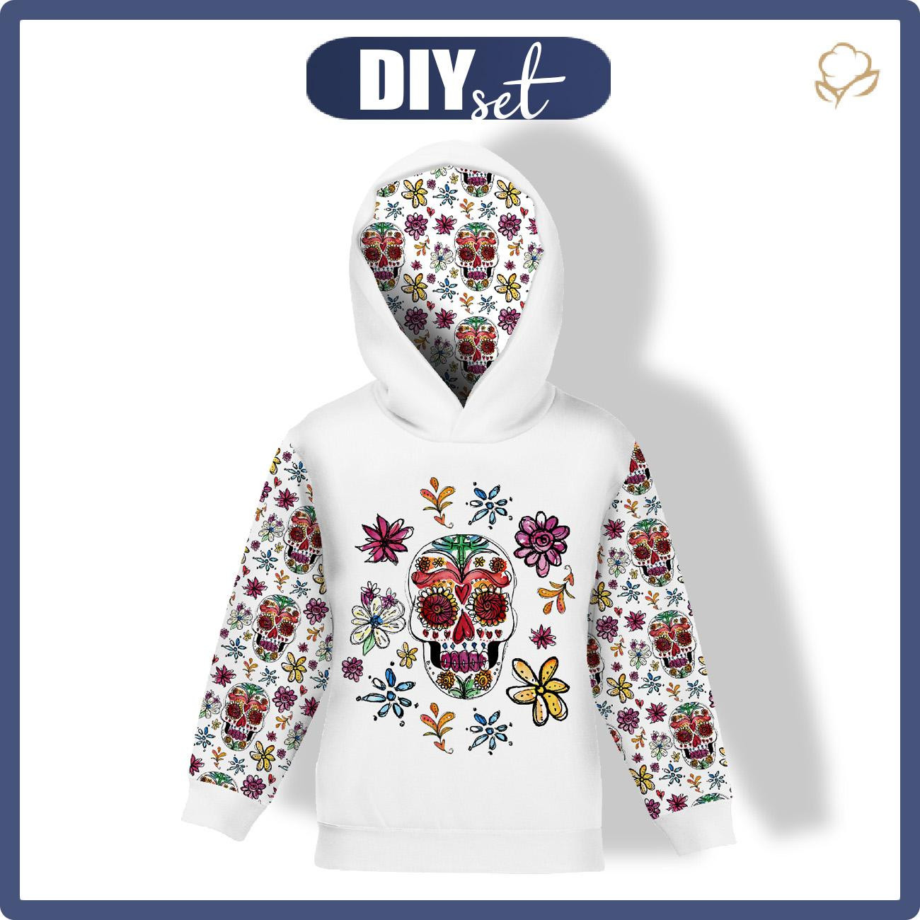 KINDER HOODIE (ALEX) - TOTENKÖPFE Ms. 2 / weiß (DIA DE LOS MUERTOS) - Nähset