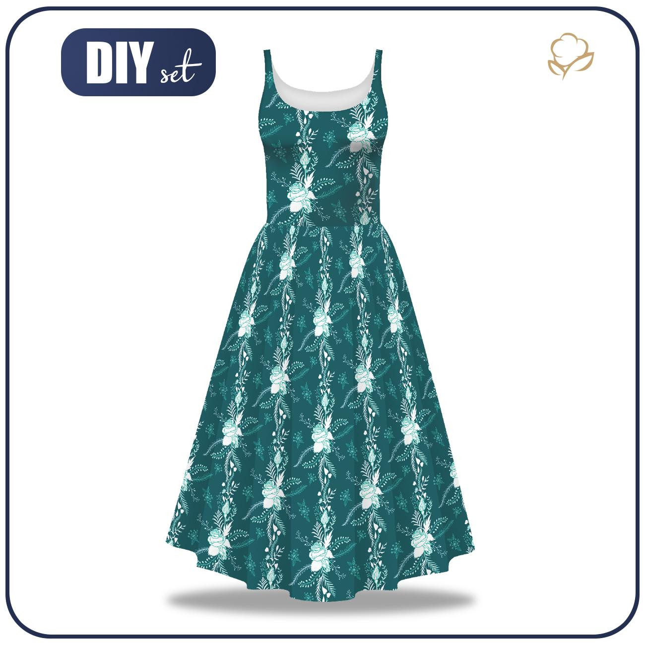 KLEID "ISABELLE" - WEIß ROSEN / smaragd - Nähset