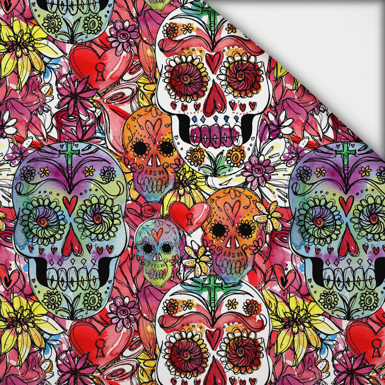 TOTENKÖPFE Ms. 4 / bunt (DIA DE LOS MUERTOS) - leichte Maschenware angeraut