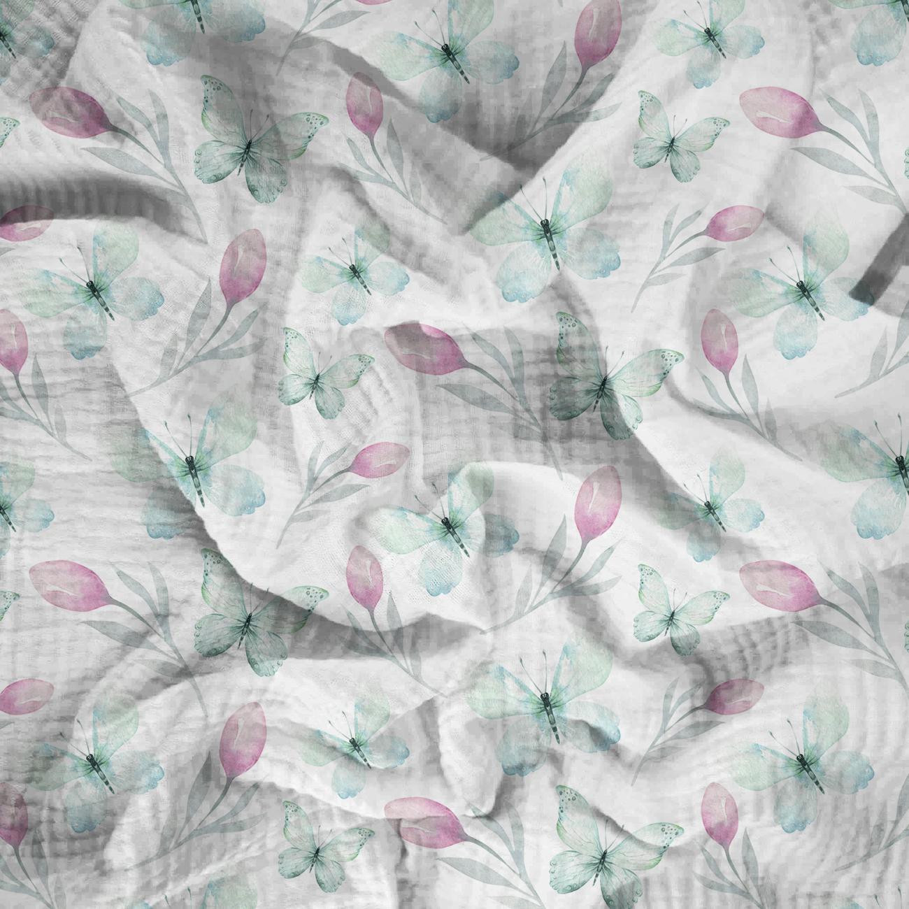 SCHMETTERLINGE UND TULPEN (AQUARELL-SCHMETTERLINGE) - Baumwoll Musselin
