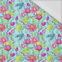 MINI EISVÖGEL UND MOHNBLUMEN (EISVÖGEL AUF DER WIESE) / aqua - Wasserabweisende Webware