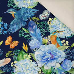 EISVÖGEL UND FLIEDER (EISVÖGEL AUF DER WIESE) / navy- Polster- Velours
