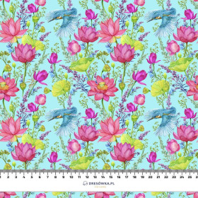 MINI EISVÖGEL UND MOHNBLUMEN (EISVÖGEL AUF DER WIESE) / aqua - Wasserabweisende Webware