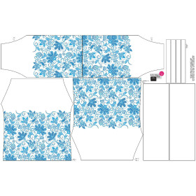 Carmenausschnitt Bluse (VIKI) - BLUMEN (Motiv 2 hellblau) / weiß - Nähset 