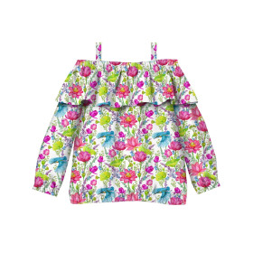 Carmenausschnitt Bluse (VIKI) - EISVÖGEL UND MOHNBLUMEN (EISVÖGEL AUF DER WIESE) / weiß - Nähset 