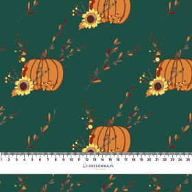 HERBST ZWEIGE UND KÜRBISSE / Flaschengrün (HERBST DES KLEINEN PANDA)- Single Jersey mit Elastan ITY