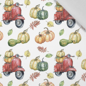 KÜRBISSE AUF DEM SCOOTER (Blätter) / weiß (KÜRBISGARTEN) - Baumwoll Webware